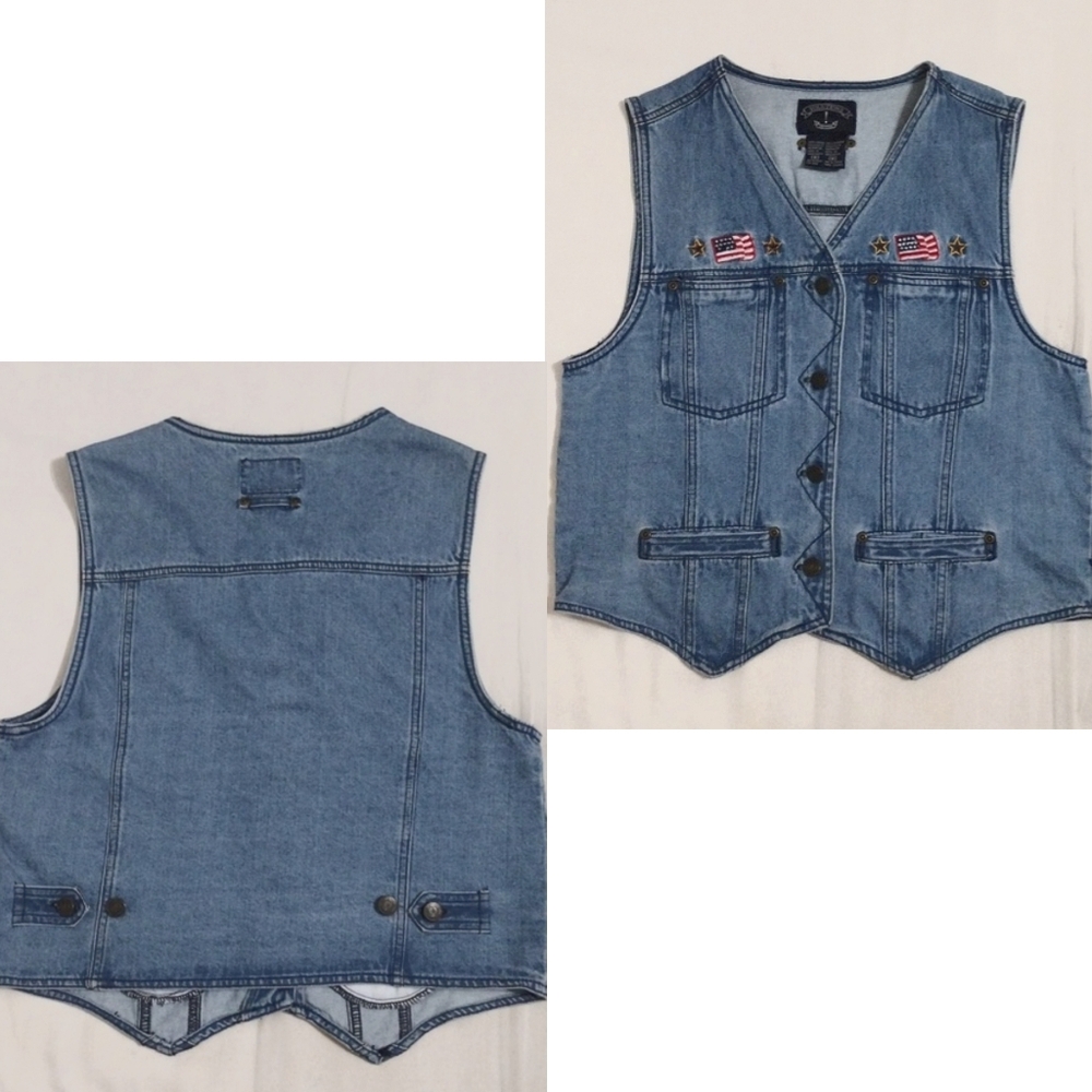 Vintage Solutions USA Flag Denim Vest Embroidered Patriotic Button Front Medium